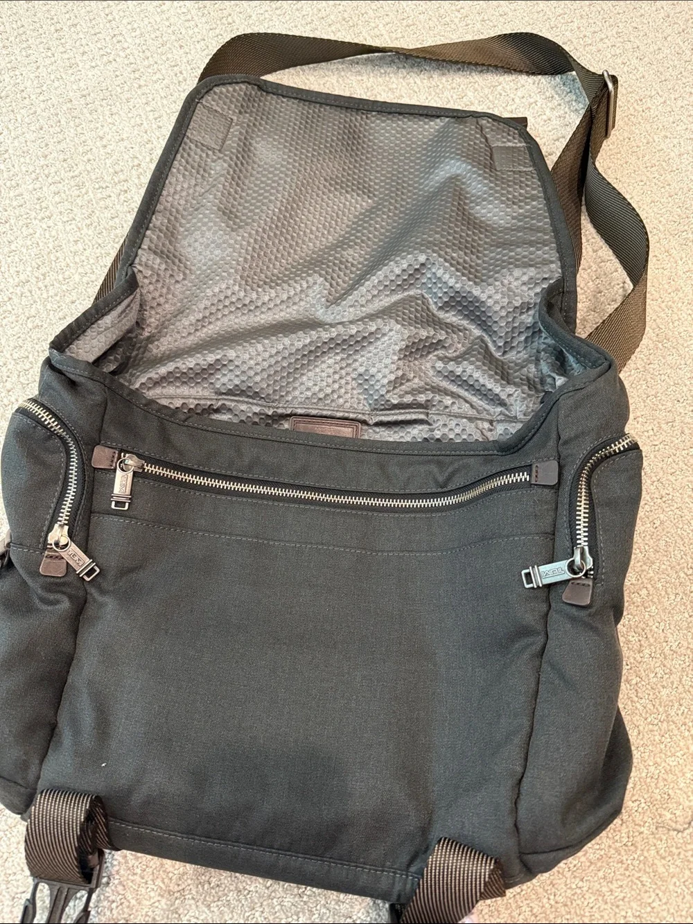 Tumi Dark Gray Nylon Messenger Bag with Dark Brown Trim